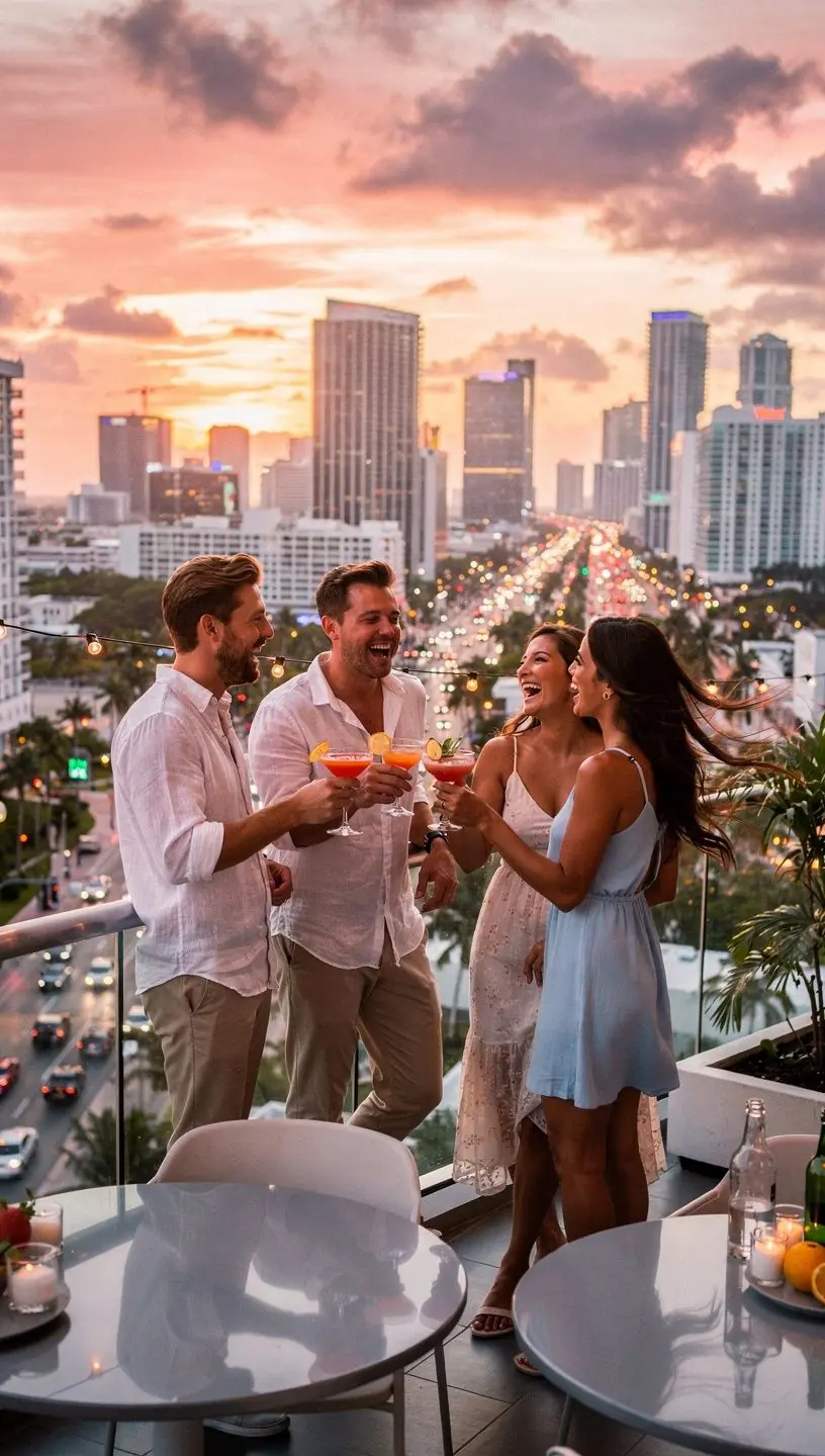 Widok na nowoczesne miasto z wysokimi wieżowcami i zielonymi parkami