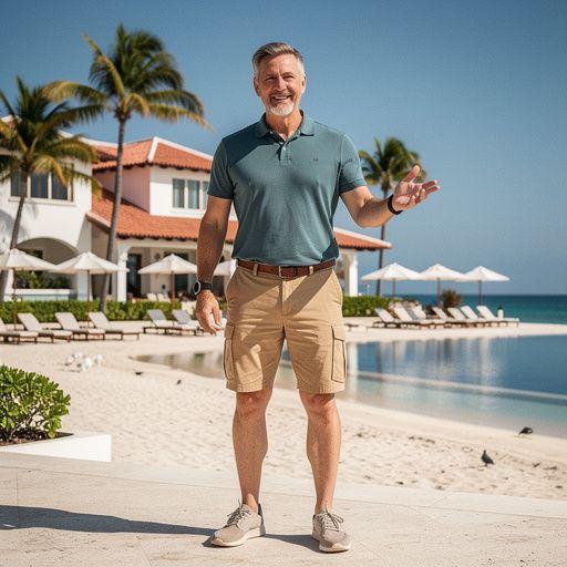 Luksusowy hotel przy plaży z basenem i leżakami w tle.